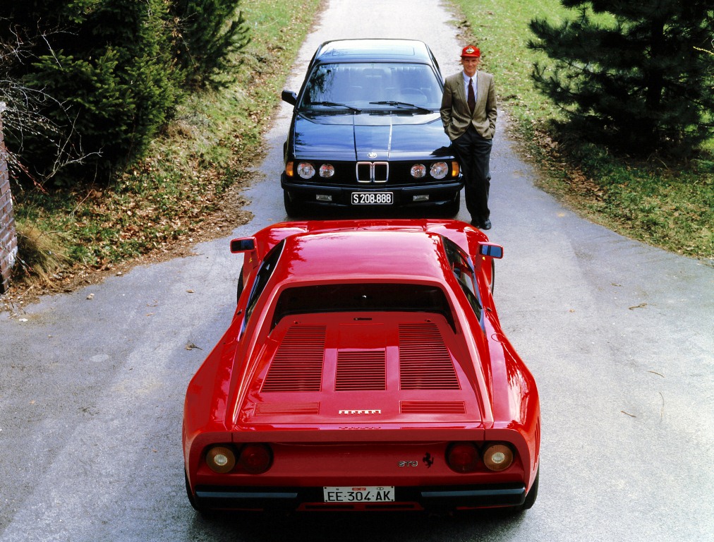 Niki Lauda with Ferrari GTO & BMW 745i '1986