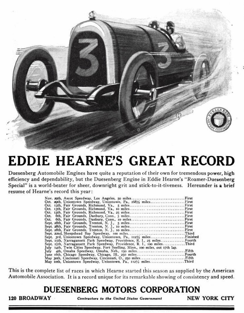 1918. Eddie Hearnes Roamer Duesenberg record ad